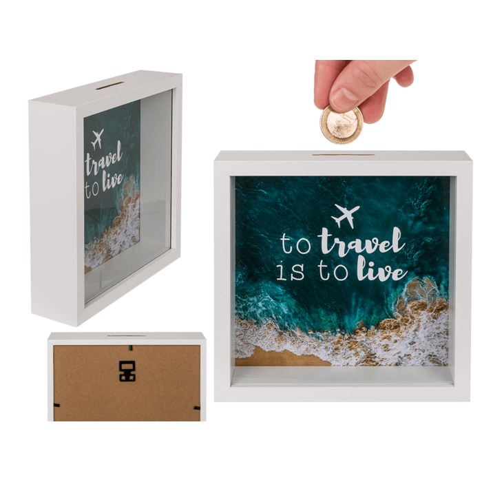 Caja de ahorro de madera con marco, 'To travel is to live'