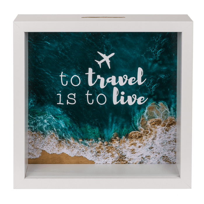 Caja de ahorro de madera con marco, 'To travel is to live'