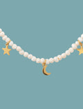Gargantilla Estrella y luna S / Perla de río + Acero + Hilo macramé